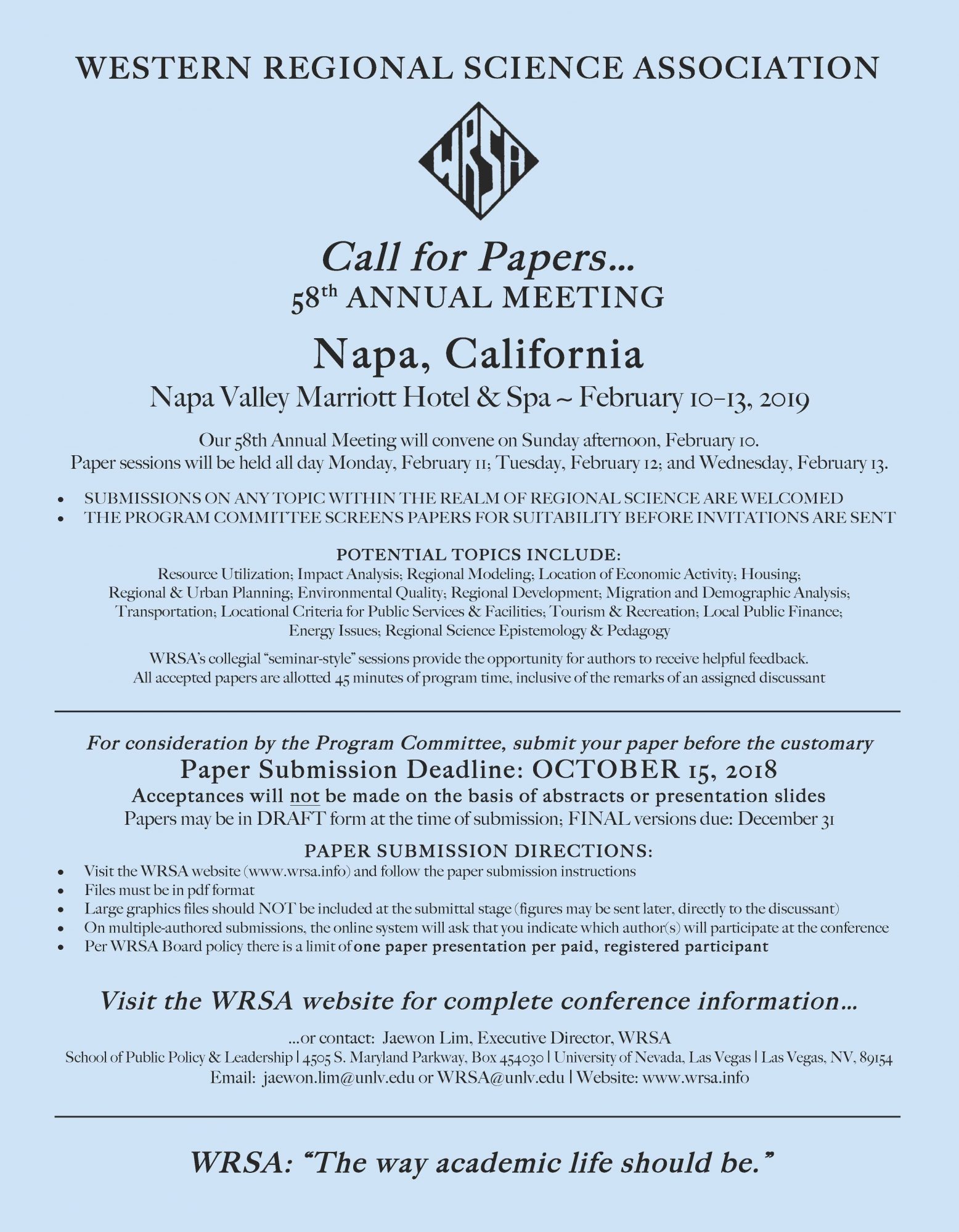 Call for Papers WRSA 2019 in Napa Valley